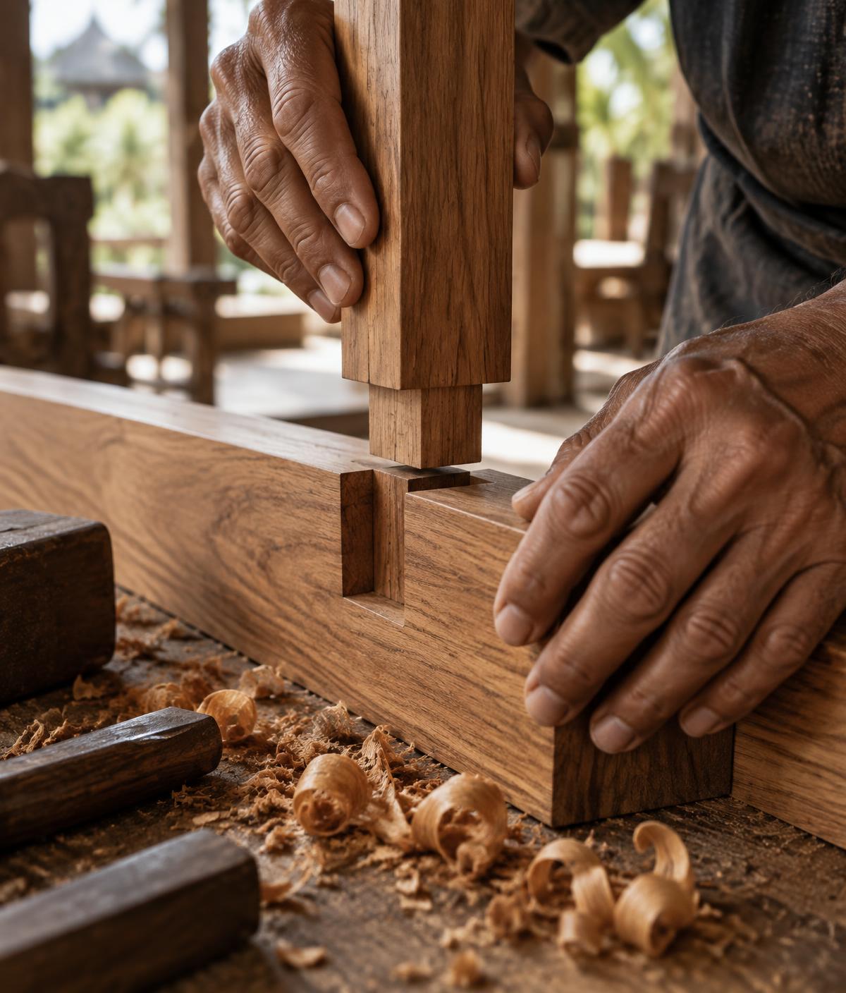 Perajin menyambungkan kayu jati